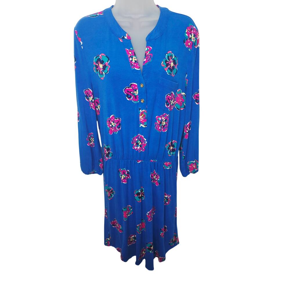 Lilly Pulitzer Floral Dress Blue Pink Green V Neck A-Line Size  L Resort Wear